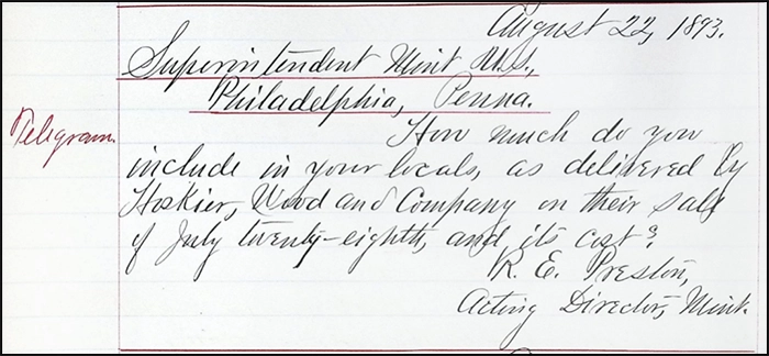 August 20, 1893 Telegram from R.E. Prieston.