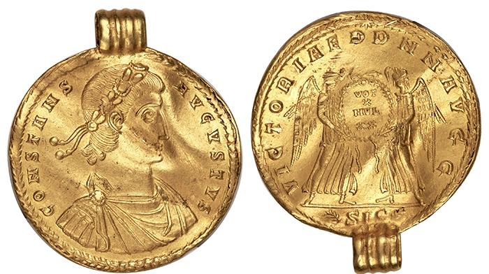 Ancients: Constans, as Augustus (AD 337-350). AV 4-1/2 solidi (40mm (45mm with suspension), 21.08 gm, 6h). Image: Heritage Auctions.