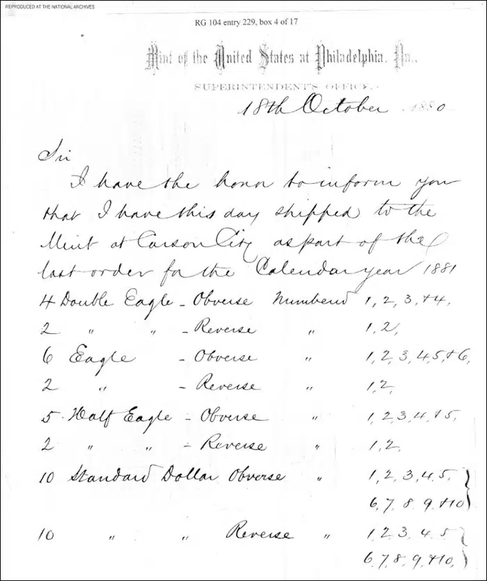 Figure 2. Statement of 1881-date dies shipped to Carson Mint. (RG104 E-229 box 4 of 17. Dated October 18, 1880.)