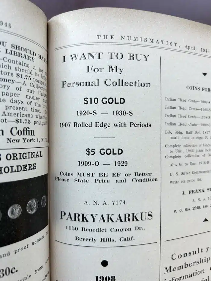 Einstein’s Numismatist advertisement (April 1945, p. 445)