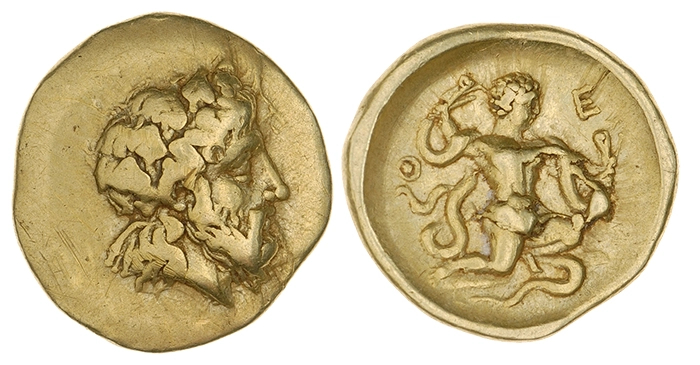 Figure 2. Electrum diobol, Thebes, 4th c. BCE. Obverse: Dionysus head. Reverse: Herakles as infant strangling serpents (ANS 1967.152.253).