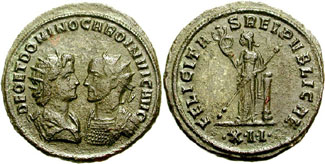 Figure 5: CARUS. 282-283 AD. "Double" Antoninianus. Siscia mint. Struck November 282 AD.DEO ET DOMINO CARO INVIC AVG, bust of Sol. radiate and draped. vis à vis bust of Carus, radiate and cuirassed / FELICITA-S REPVBLICAE. Felicitas standing left. leaning on column. holding caduceus and transverse sceptre: •XII•, 4.56 g., RIC V 99. (CNG 67, Lot 1750, 9/22/2004)