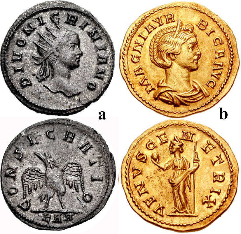 Figure 10: a) Divus NIGRINIAN. Died circa 284 CE. Antoninianus. Rome mint, 1st officina.5th emission of Carinus, November 284 CE. DIVO NIGRINIANO, radiate head front / eagle standing facing, head left, with wings spread, KAA, 3.63 g. RIG V 4/ 4. (Triton XX. Lot: 841, $1300, 1/9/17).). b) MAGNTA URBICA, wife of Carinus. Augusta, 283-284 AD. AV Aureus. Lugdunum (Lyon) mint. Struck July 284 AD. MAGNIA VR-BICA AVG. diademed daraped bust right / VENVS GE-N-ETRIX. Venus standing left, holding apple and sceptre. 4.20 g., RIC 330. (Triton VII, Lot: 1036, $11,000, 1/12/04).