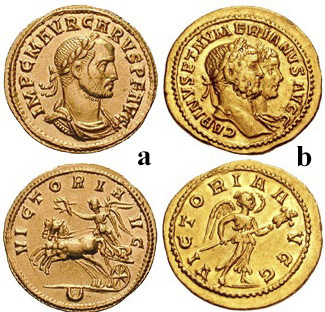 Figure 2: a) CARUS, 282-283 AD. AV Aureus. Cyzicus mint. Carus profile/Victory in biga. 4.54g., RIC V pt 2. (Triton V. Lot 1025, $5800, 1/16/02). b) CARINUS and NUMERIAN. 283-284 AD, Lugdunum (Lyon) mint. Struck 284 AD. Jugate busts of Carinus and Numerian right / Victory advancing right, 4.91 g., RIC V 332 (denarius). (Triton V. Lot: 1035, $9,000, 1/12/04).