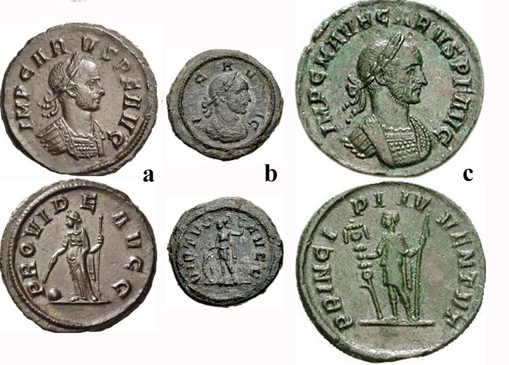 Figure 4: a) CARUS, AE denarius, Rome, 282-283 CE. Bust right. / Providentiastanding left, 2.6 g., RIC 53. (Numismatica Ars Classica 100, Lot 595, $2000, May 2017). b) CARUS. 282-283 CE. Quinarius. Rome mint. Bust right / Virtus standing left, 15mm, 2.34 g., RIC V 58. (CNG 90, Lot: 1696, $1000, 5/23/12). c) CARUS. 282-283 AD. As. Rome mint. 1st emission, October 282 AD. Bust right / Carus standing left, 4.52 g., RIC V 61 (Rome; semis). (Triton X. Lot: 1585, $2200, 1/9/06).