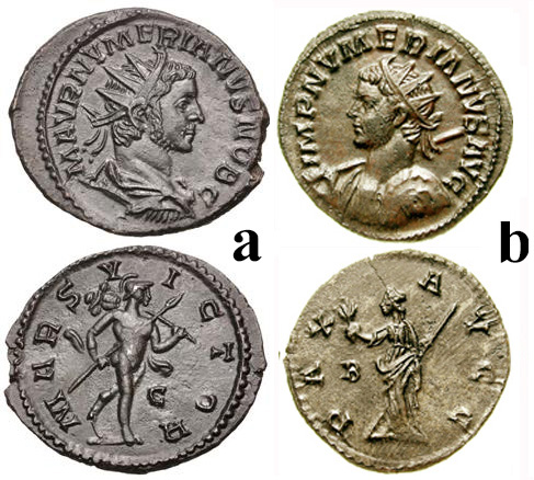 Figure 6. a) NUMERIAN. As Caesar, 282-283 CE. Antoninianus, Lugdunum mint, October AD282. Radiate, draped, and cuirassed bust right M AVR NUMERIANVS NOB C / Mars advancing right, holding spear and trophy, 3.55g., RIC V 353. (CNG 476, Lot 542, $100, 9/9/20). b) NUMERIAN. 283-284 AD. Antoninianus. Lugdunum mint. IMP NVMERIANS AVG, radiate and cuirassed bust left, holding sear and shield / Pax standing left, holding olive branch and sceptre: B in left field, 3.34 g., RIC V pt. 2. 395. (GNC 51, Lot 69, $90, 10/23/02).