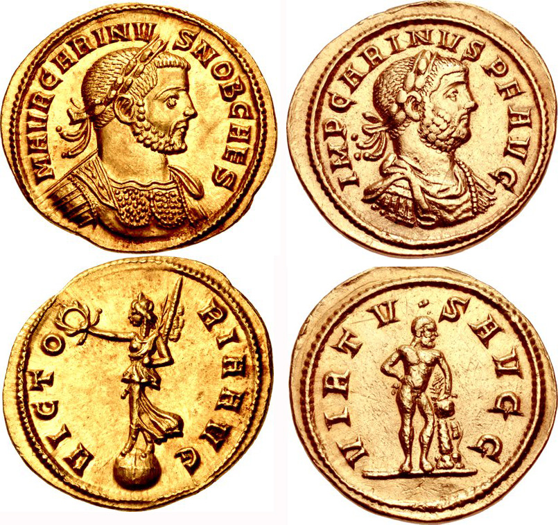 Figure 8: CARINUS. As Caesar. 282-283 CE. AV Aureus. Siscia mint. 1st emission. November 282 CE. M AVR CARINV-S NOB CAES. laureate and cuirassed bust right / VICTORIA AVG wingless Victory standing left on globe, holding wreath and trophy, 4 37 g., RIC V 190. (CNG 108. Lot 664, $21,000, 1/13/04). And CARINUS. 283-285 CE. AV Aureus, Rome mint. 5th emission, series b-c, early-mid 284 CE. Laureate, draped, and cuirassed bust right / Hercules standing right, leaning on lion skin-covered club set on rock, 6.24 g., RIC V 235D. (CNG 85, Lot: 1154, $4700, 9/15/10).)
