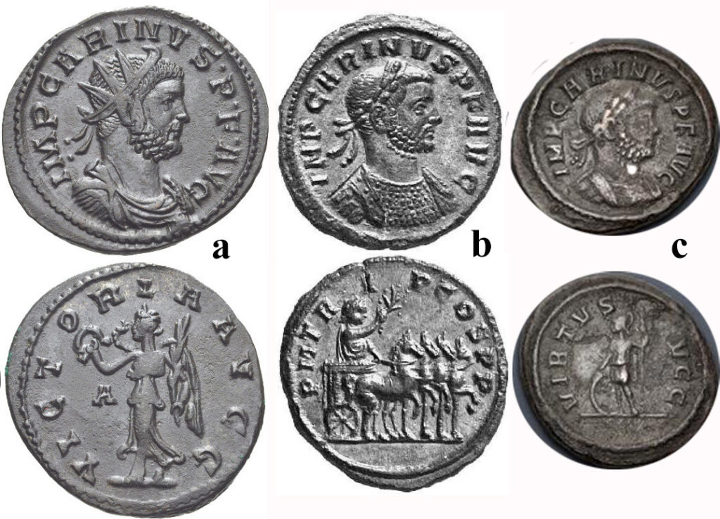 Figure 9: a) CARINUS. 283-285 CE. Antoninianus. Lugdunum mint, summer 284. Radiant,draped, and cuirassed bust night / Victory advancing left, 3.77 g., RIC V 220. (CNG 837711). b) CARINUS. Billon denarius, 283-285 CE. Rome mint. IMP CARINVS PF AVG, laureate, cuirassed bust right with slight drapery on left shoulder. /P M TR I P COS PP, Carinus, holding olive branch, driving slow quadriga right, 2.76 g., RIC V-2 226 var (listed only as aureus). (Numismatica Ars Classica 84, Lot 1153, Mav 2015). c) CARINUS. 283-285. Quinarius. Ticinum mint. 1st emission, October 282. Laureate and cuirassed bust right / Virtus standing left, holding spear and resting hand on grounded shield, 2.06 g., RC V 283. (CNG 60, Lot 464, $300, 7/20/22).