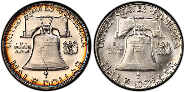 The reverses of a Proof Franklin Half Dollar (left) and a Business strike (right). Image: PCGS.