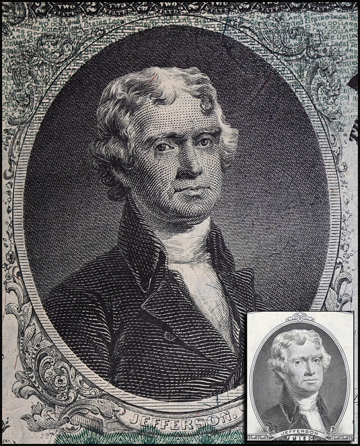 Smillie's portrait of Jefferson from 1869 $2 Legal Tender Note. Inset: Same portrait from current $2 Federal Reserve Note. Image: CoinWeek.