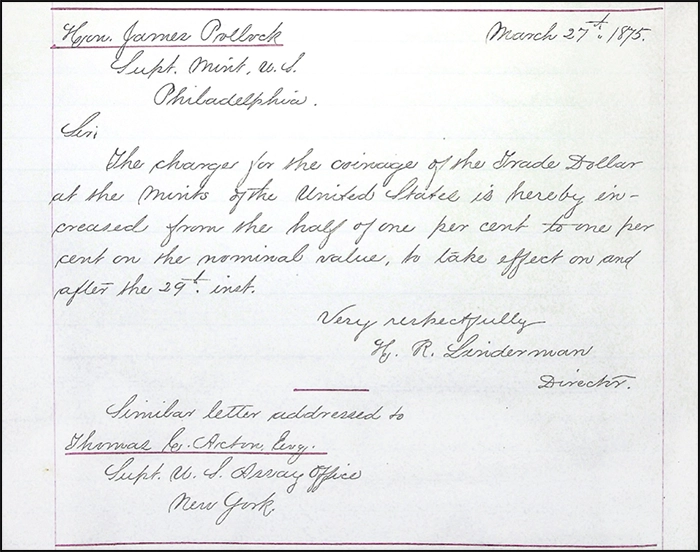 March 27, 1875 letter from H.R. Linderman to James Pollock.