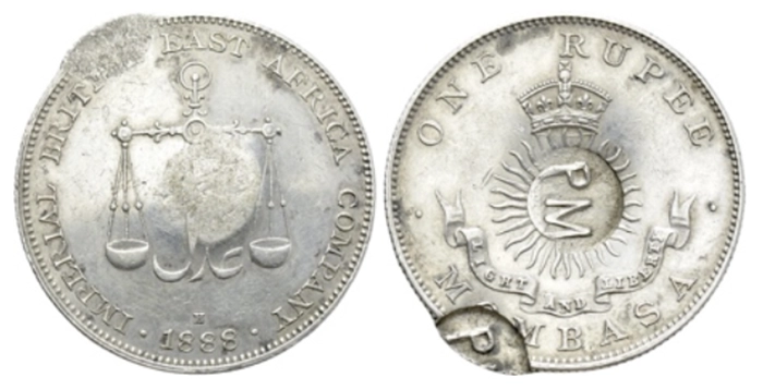 MOZAMBIQUE. Carlos I (1889-1908). Countermarked Mombasa Rupee (1888-H). Numismatik NaumannAuction 76, Lot 821 - 07.04.2019