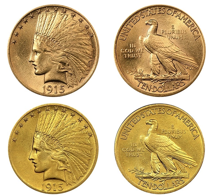 Depressions on the submitted coin (top) match those of a known fake (bottom). The counterfeit also has the wrong luster and a slight loss of detail on the high points.