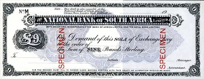 Lot 1135 National Bank of South Africa, Limited (ca.1900's) Specimen Circulating Sola of Exchange.