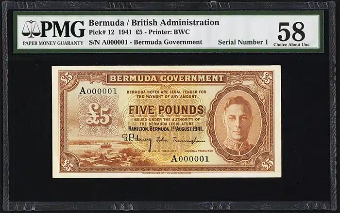 Bermuda 5 Pound Note PMG 58. Image: Heritage Auctions.