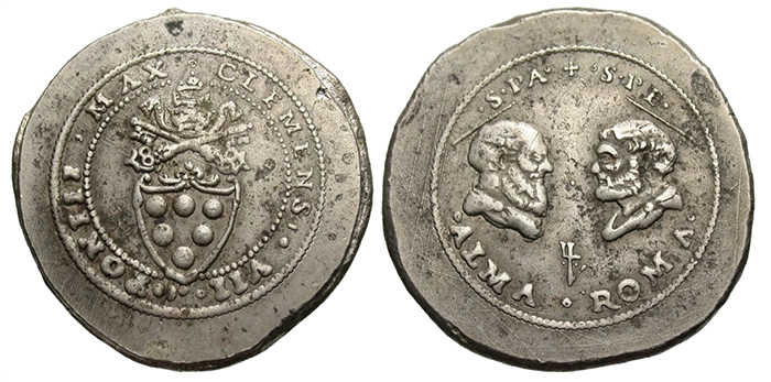 Papal States. Clement VII (Giulio di Giuliano de' Medici). 1523-1534. AR ducato ossidionale (38 mm, 35.95 g, 2 h). VAuctions, Triskeles Sale 31, 27 March 2020, Lot: 583, realized: Unsold.