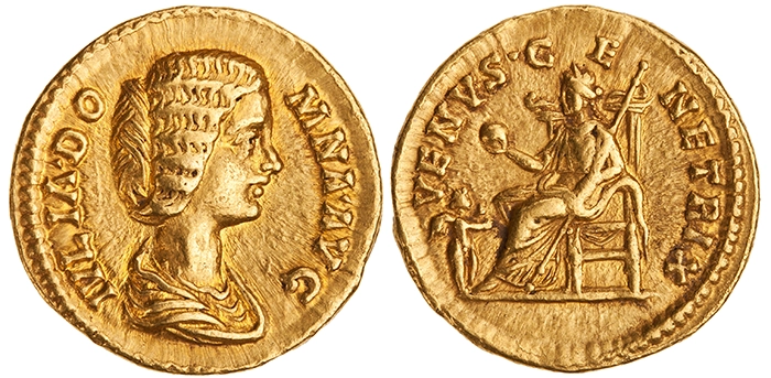 Figure 5. Gold Aureus of Septimius Severus, Rome, 193–196 CE. Obverse: IVLIA DOMNA AVG. Bust draped r. Reverse: VENVS GENETRIX. Venus seated l. holding apple, Cupid standing r. (ANS 1944.100.50314).