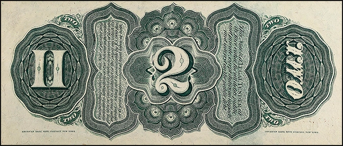 Series of 1869 $2 Legal Tender Note back. Image: Stack's Bowers.