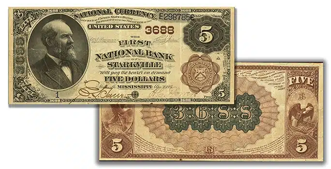 Serial Number 1 Starkville, MS - $5 1882 Brown Back Fr. 469 The First National Bank Ch. # 3688 PMG Very Fine 30. Image: Heritage Auctions.