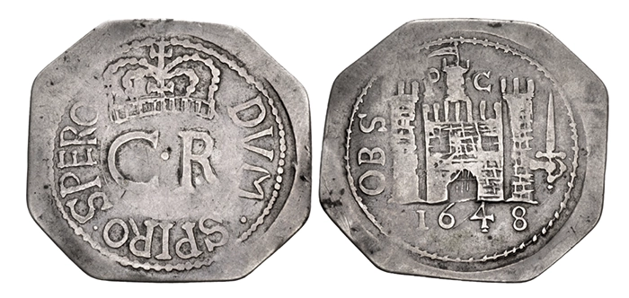 STUART, Siege money. Pontefract. 1648-1649. AR Shilling (32mm, 4.28 g, 12h). Type I. Classical Numismatic Group, Auction 118, Auction date: 13 September 2021,Lot number: 1383, Price realized: $4,000.