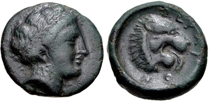 THESSALY, Pherai. Circa 404-369 BCE. Æ (17mm, 4.42 g, 11h). Wreathed head of Hekate (or the nymph Hypereia) right / Head of lion right, spouting water. Rogers 512; BCD Thessaly II 689.1 (same dies). VF, green patina. Rare. Image: CNG.