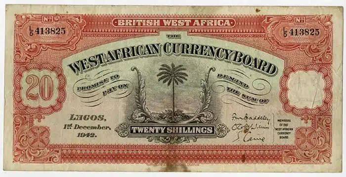 Lot 1016. West African Currency Board, 1942, Issued Banknote. British West Africa, 1942. 20 Shillings.