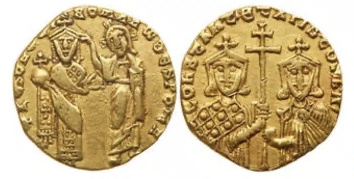 Constantine VII, with Romanus I and Christopher. Gold Solidus. Image: Goldbergs.