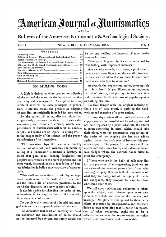 Figure 5. Vol. I, No. 7 of the American Journal of Numismatics (November 1866).