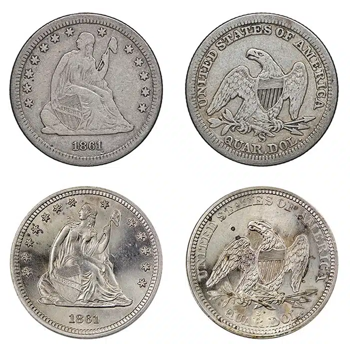 A genuine 1861-S Seated Liberty Quarter (top) and a counterfeit (bottom).