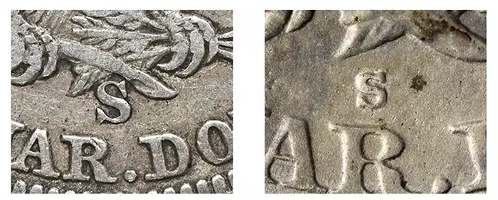 This "S" mintmark appears much smaller on the counterfeit, a clear sign that this is not a genuine San Francisco Mint issue.