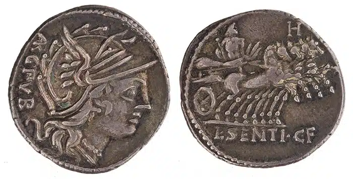 Figure 4. ANS 1944.100.693. Denarius issued in Rome by L. Sentius in 101 BCE, one of the issues likely produced out of Iberian silver.