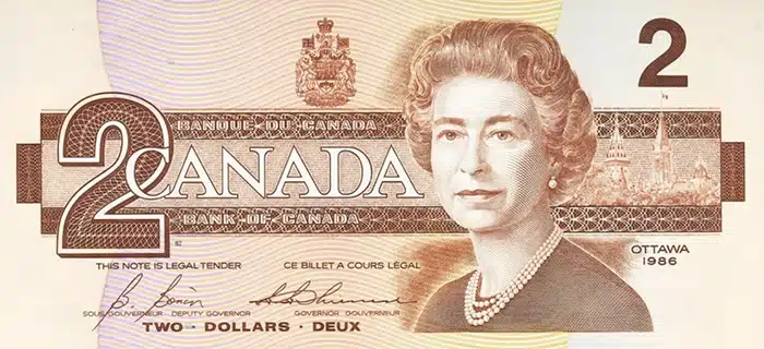 Canada Two Dollar Currency Note.