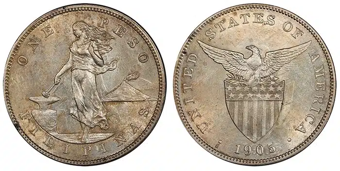 Philippines 1905-S Peso Error Double Struck, PCGS AU Details. Courtesy of PCGS.