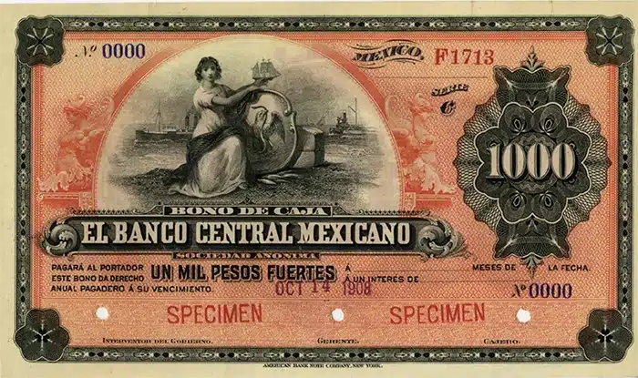 Banco Central Mexicano, "Bono De Caja", 1908, Specimen Banknote or Circulating Bond