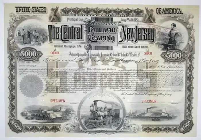 Spectacular Central Railroad Company of New Jersey, 1888, Specimen Bond