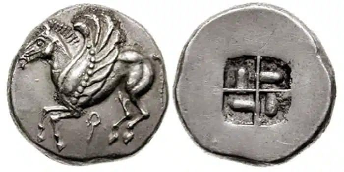 Corinthia, Corinth AR Stater, circa 555-515 BCE. Image: Classical Numismatic Group, Inc.