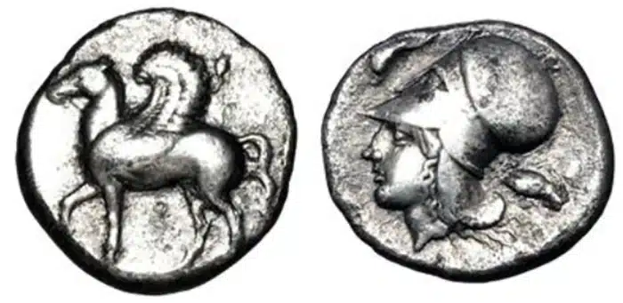 Corinthia, Corinth stater, 405-345 BCE. Image: Pegasi Numismatics.