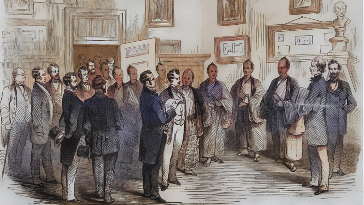 This is a colorized illustration of a Japanese delegation's visit to the United States Mint in 1860.