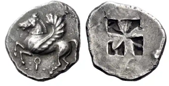 Pegasus on Ancient Greek Coins: Corinthia, Corinth Stater circa 560. Image: Numismatica Ars Classica NAC AG.