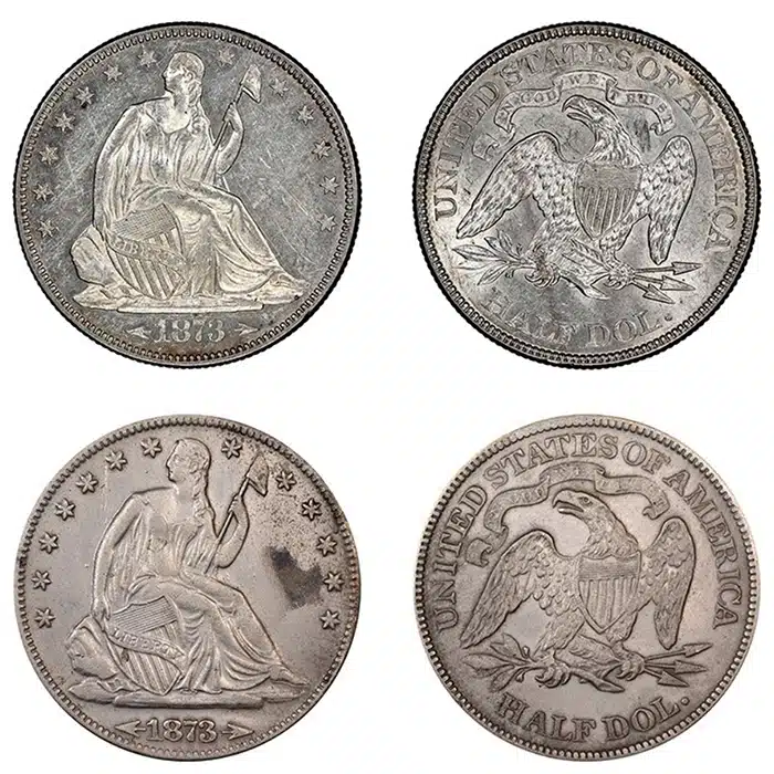 A genuine 1873 Seated Liberty Half Dollar (top) and a counterfeit (bottom).