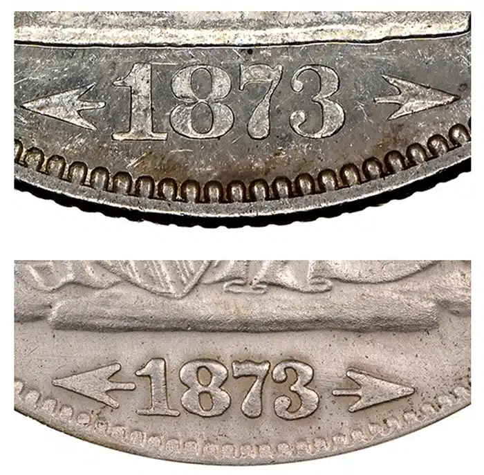 The date on the counterfeit (bottom) is misshapen, particularly on the numerals "8" and "7."