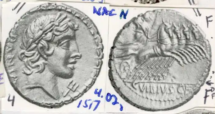 Figure 2. Specimen of RRC 342/5b with bead and reel border on obverse. NAC, Auction N (26 Jun 2003), lot 1517 = SITNAM f9a0a7fa. 4.02g. Control mark: trident (Schaefer RRC 342/5 Obverse Trident 4).