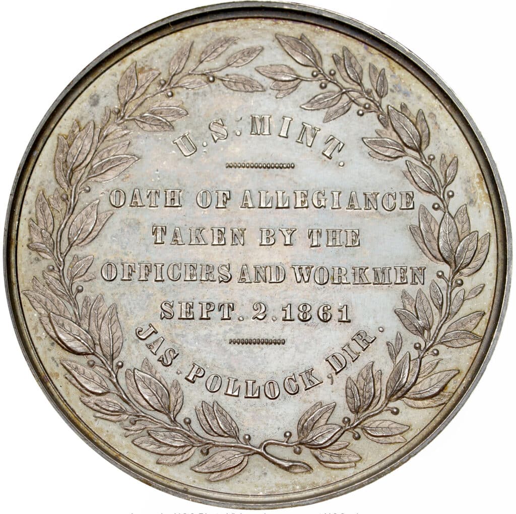 Figure 3. U.S. Mint allegiance medal, 1861. This is a silver official reproduction made in the 20th century. (Courtesy HA.com)