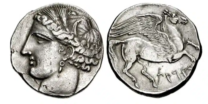 Sicilian AR 5 Shekels, 264-260 BCE. Image: Classical Numismatic Group, Inc.