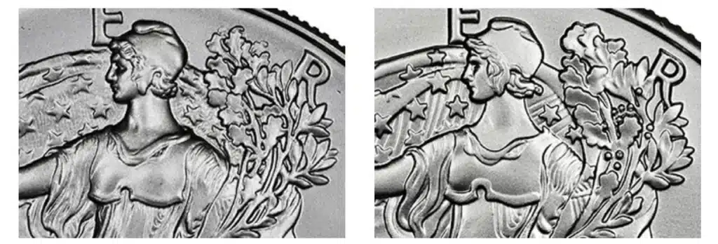 Left: Genuine American Silver Eagle. Right: A Deceptive Counterfeit. Image: NGC.