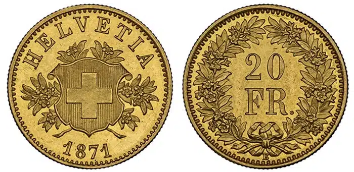 SWITZERLAND. 1871-B AV Pattern 20 Francs. NGC PR65