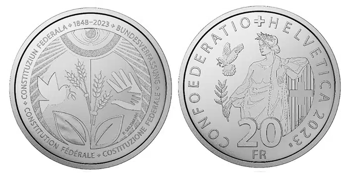 2023 175th Anniversary of the Swiss Constitution 20 Francs coin. Image: Swiss Mint.