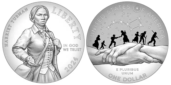 2024 Harriet Tubman Commemorative Five Dollar Gold Coin Design. Image: U.S. Mint / Shading added by CoinWeek.