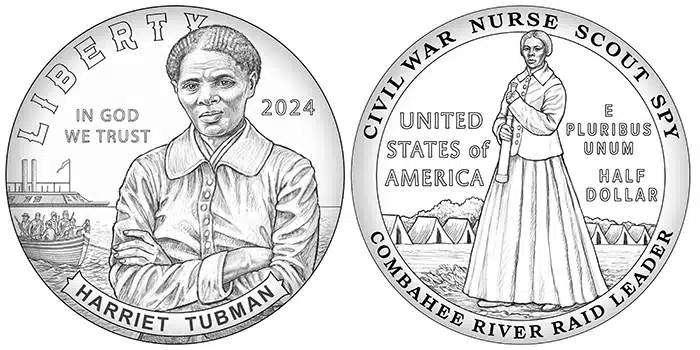 2024 Harriet Tubman Commemorative Half Dollar Clad Coin Design. Image: U.S. Mint / Shading added by CoinWeek.