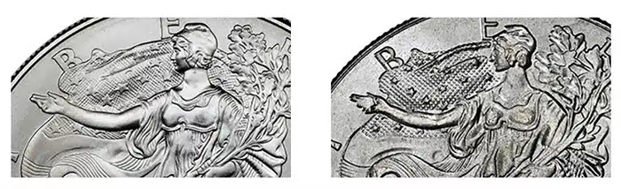 Take a close look at Liberty's arm on the counterfeit (right). It's clear that this coin lacks the quality of an original.
